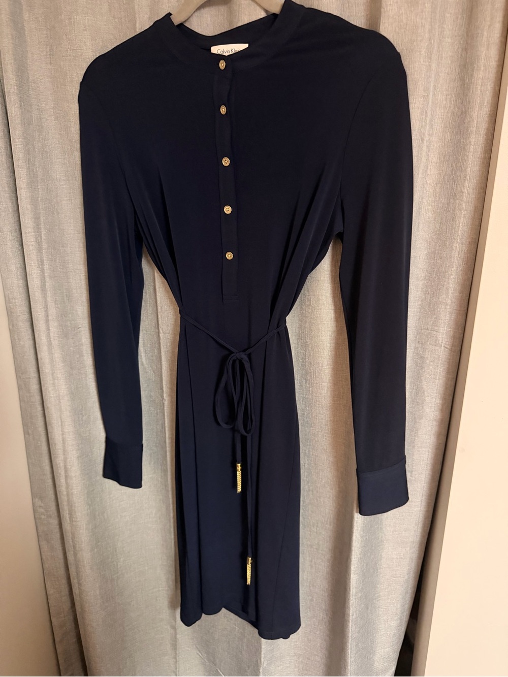 Calvin Klein Midnight Navy Long-Sleeve Buttoned Tie-Waist Dress